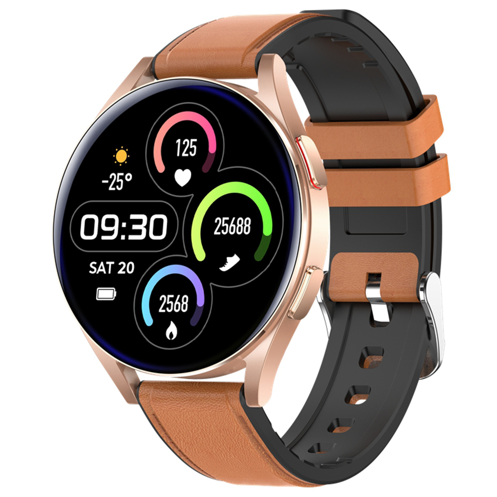 

T34S 1.32 Full Circle HD Screen Smart Watch IP67 Водонепроницаемые Спортивные Браслетные Часы с Мерой Температуры Тела/мониторинг Сердечного Ритма (кожаный Ремешок) - Коричневый