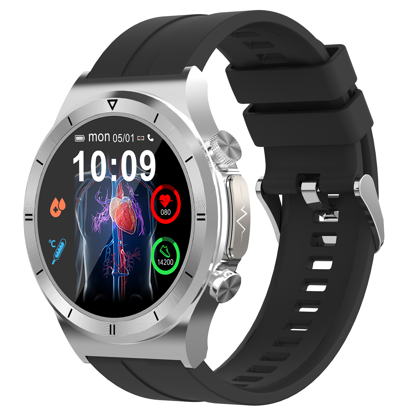 

T30 1,39 Zoll Smart Watch Ekg Blutzucker / Sauerstoffherzfrequenzüberwachung Bluetooth Call Sports Smart Bracelet - Silber+schwarz