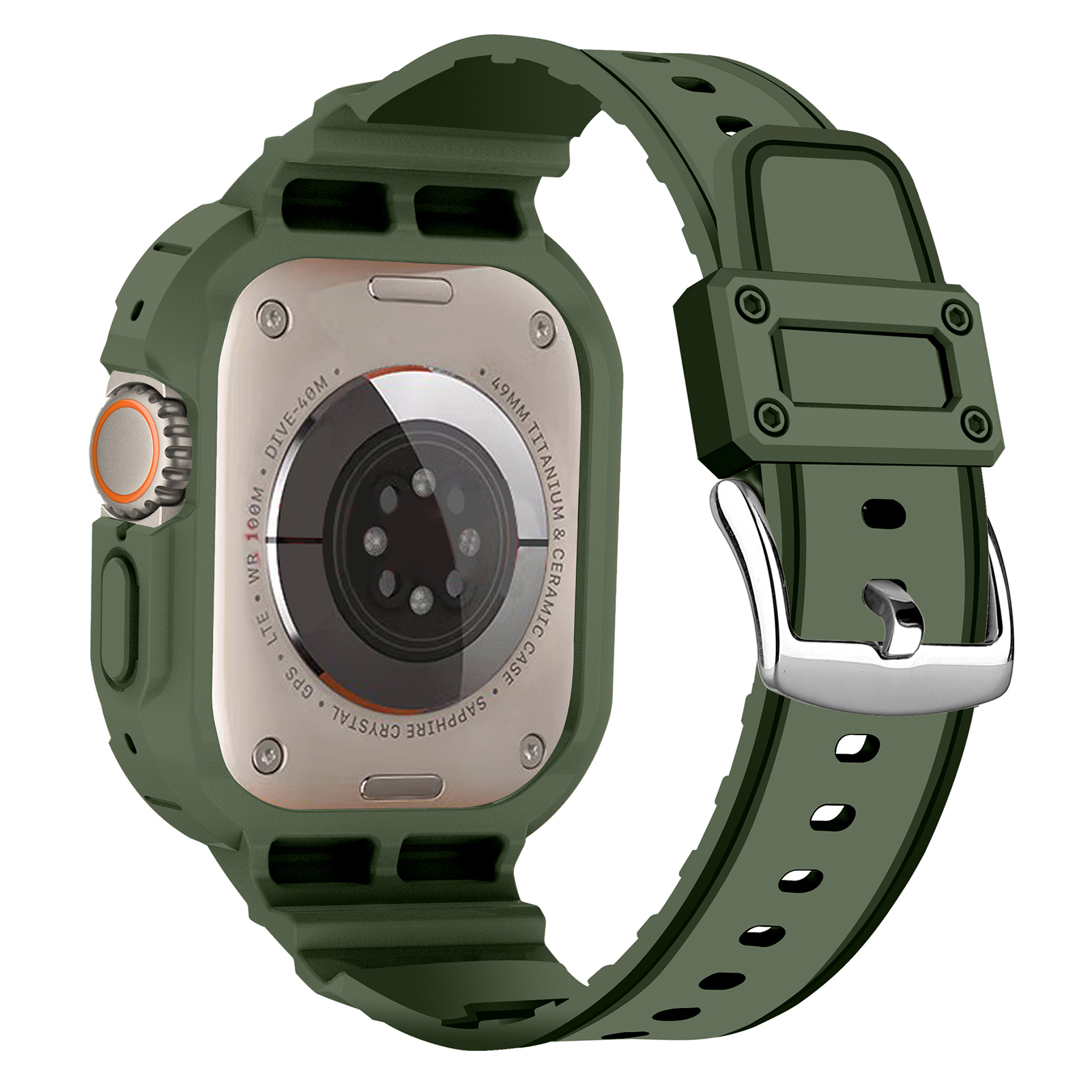 

Для Apple Watch Ultra 49 -миллиметровый Запасной Ремешок Регулируемая Силиконовая Запястья Полоса, Интегрированная с Чехлом Watch - Армейский Зеленый, Apple Watch Ultra 49mm