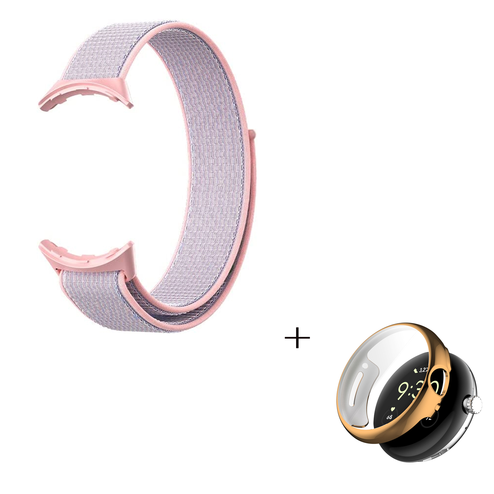 

For Google Pixel Watch 2-in-1 Nylon Magic Tape Loop Watch Strap with TPU Full Cover Protective Case (Rose Gold) - Pink, Google Pixel Watch