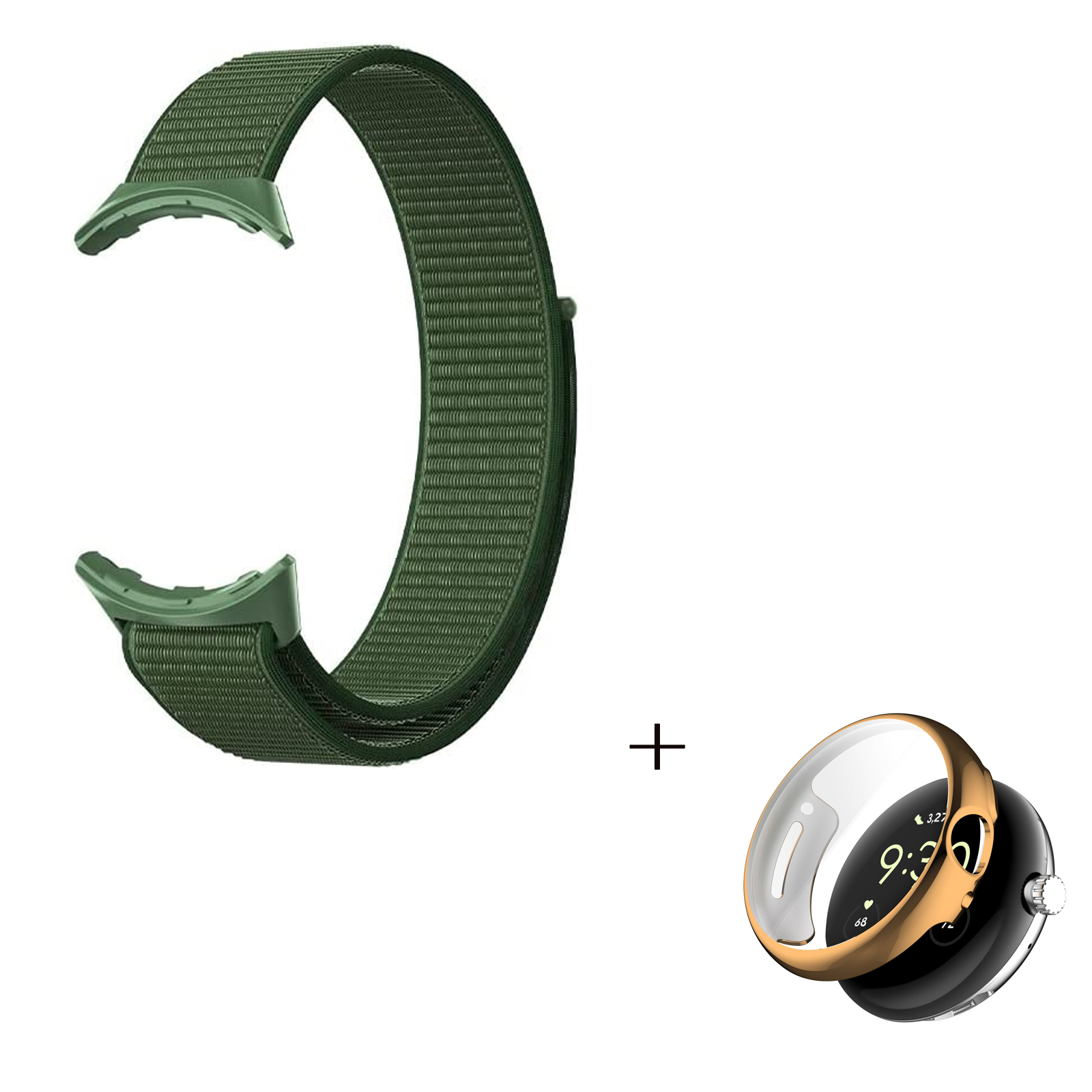 

Для Google Pixel Watch 2-в-1 Nylon Magic Magic Loop Loop Best с TPU Full Cover Case (Rose Gold) - Армейский Зеленый, Google Pixel Watch
