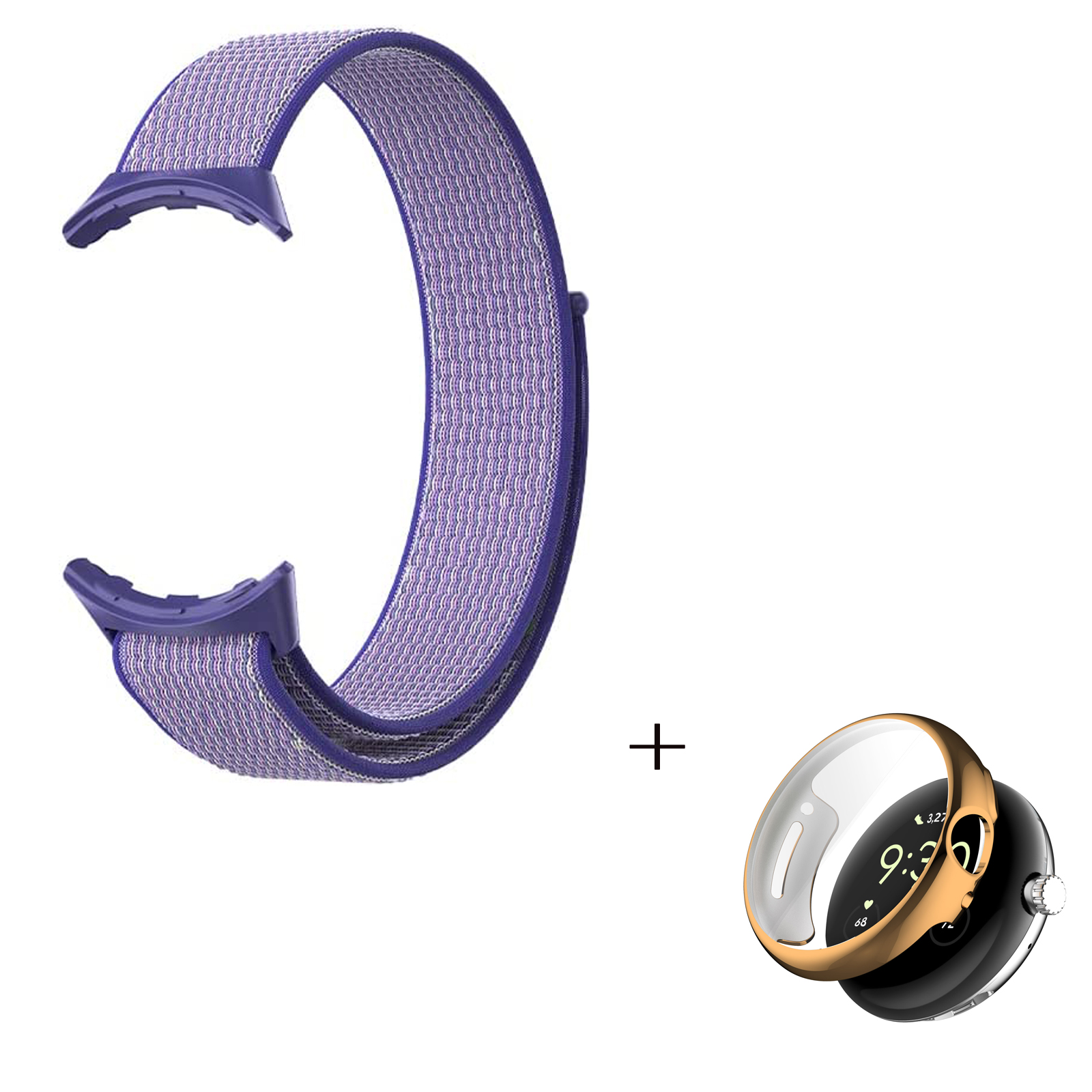 

For Google Pixel Watch 2-in-1 Nylon Magic Tape Loop Watch Strap with TPU Full Cover Protective Case (Rose Gold) - Blue / Purple, Google Pixel Watch