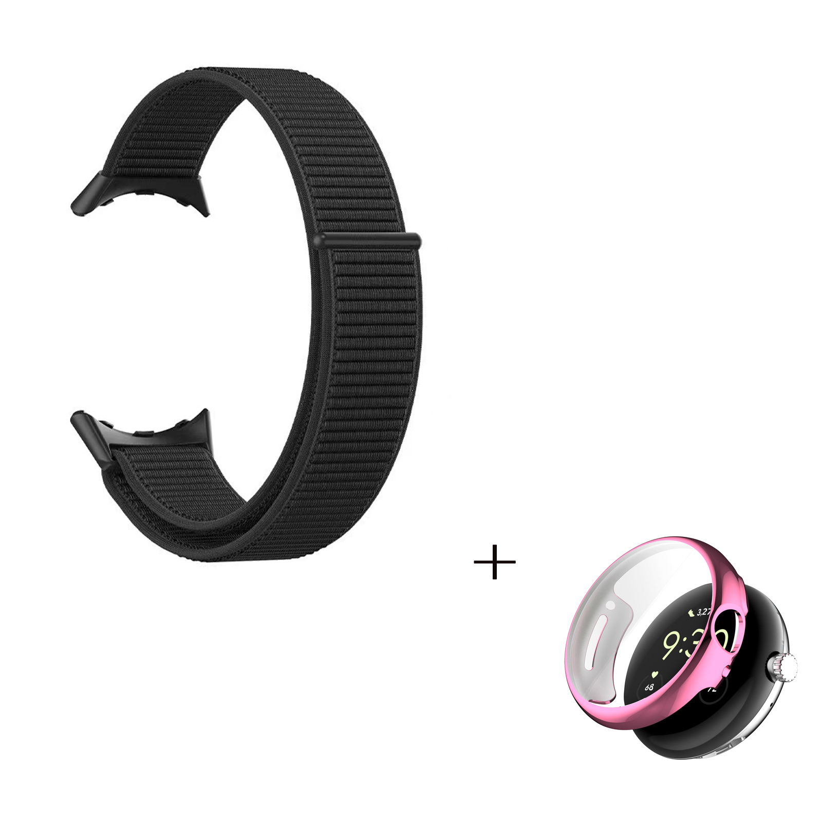 

Breathable Nylon Strap for Google Pixel Watch, Magic Tape Loop Watch Strap with TPU Full Cover Protective Case (Pink) - Black, Google Pixel Watch