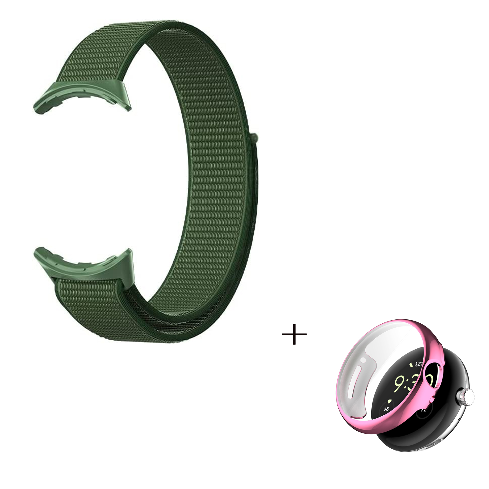 

Breathable Nylon Strap for Google Pixel Watch, Magic Tape Loop Watch Strap with TPU Full Cover Protective Case (Pink) - Army Green, Google Pixel Watch