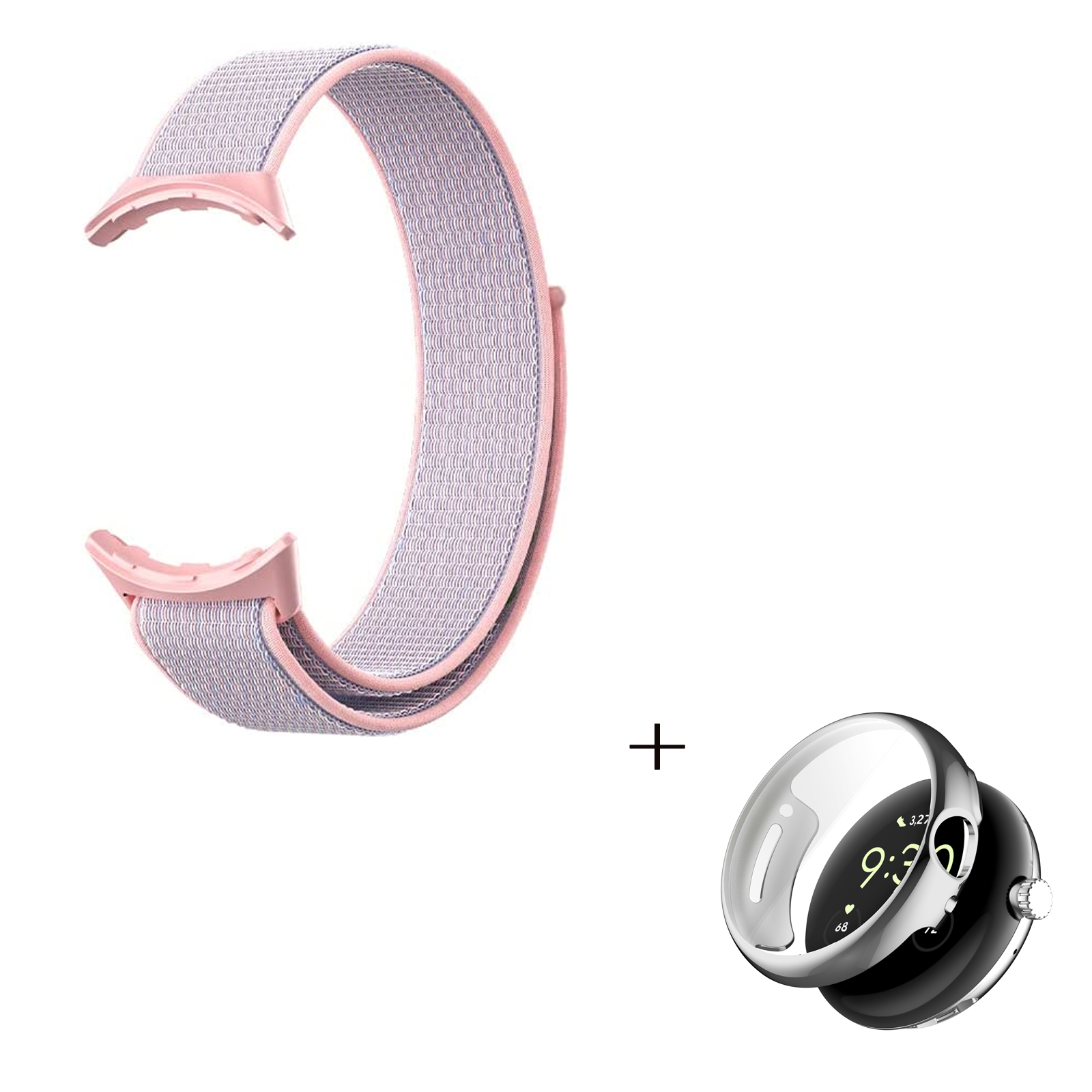 

For Google Pixel Watch Magic Tape Loop Watch Strap, Adjustable Nylon Band with TPU Full Cover Protective Case (Silver) - Pink, Google Pixel Watch