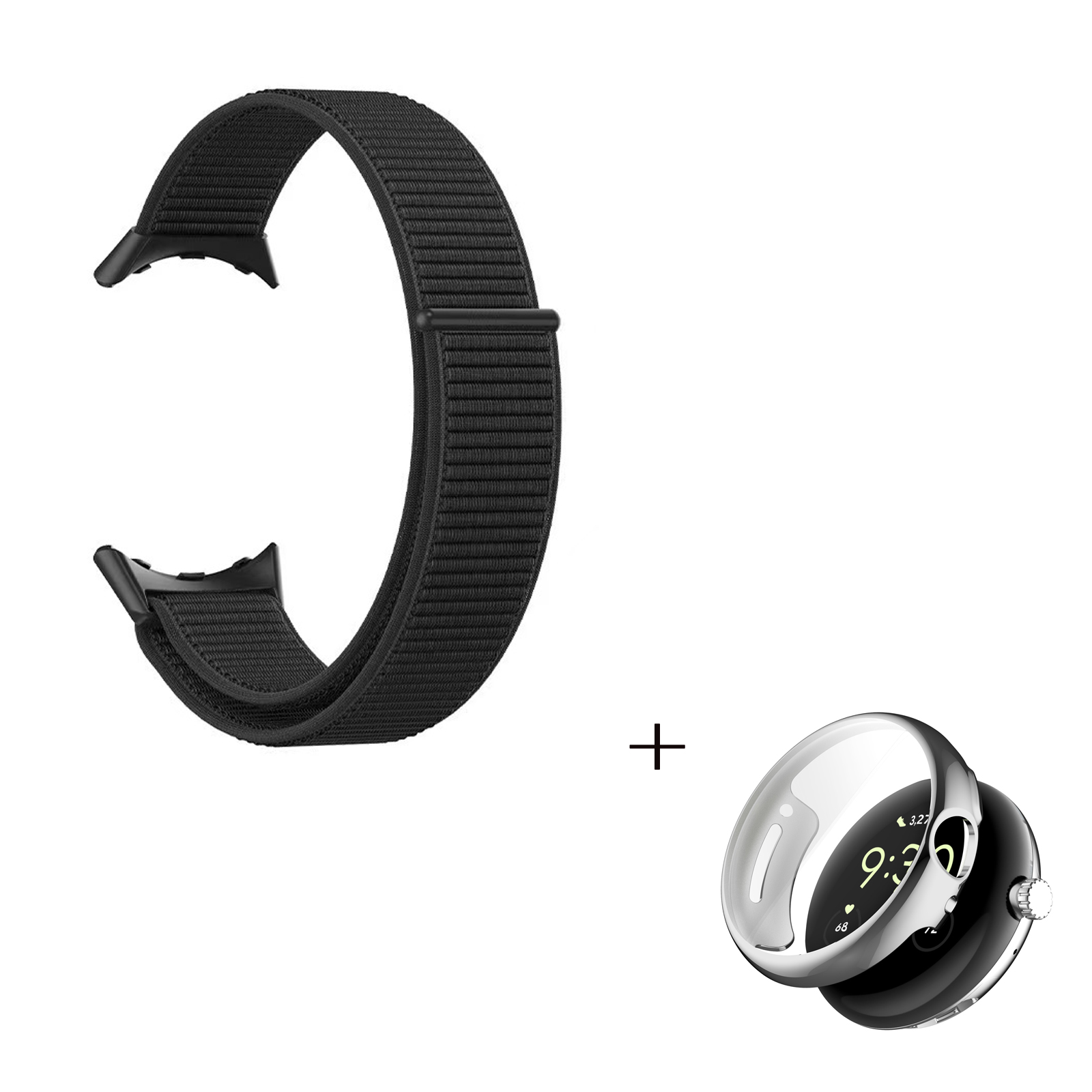 

For Google Pixel Watch Magic Tape Loop Watch Strap, Adjustable Nylon Band with TPU Full Cover Protective Case (Silver) - Black, Google Pixel Watch