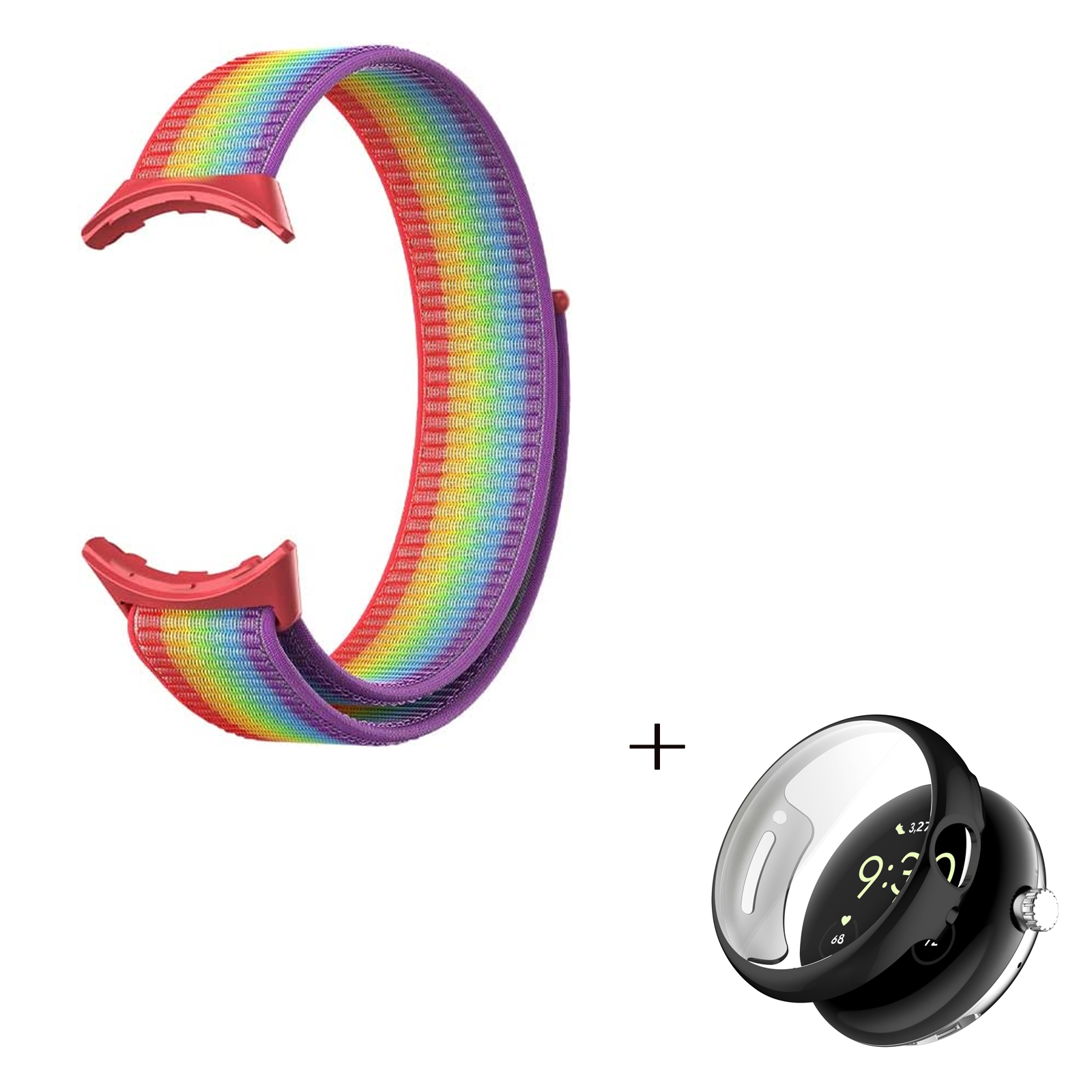 

Braided Nylon Watchband for Google Pixel Watch, Magic Tape Loop Watch Strap with TPU Full Cover Protective Case (Black) - Multi-color, Google Pixel Watch