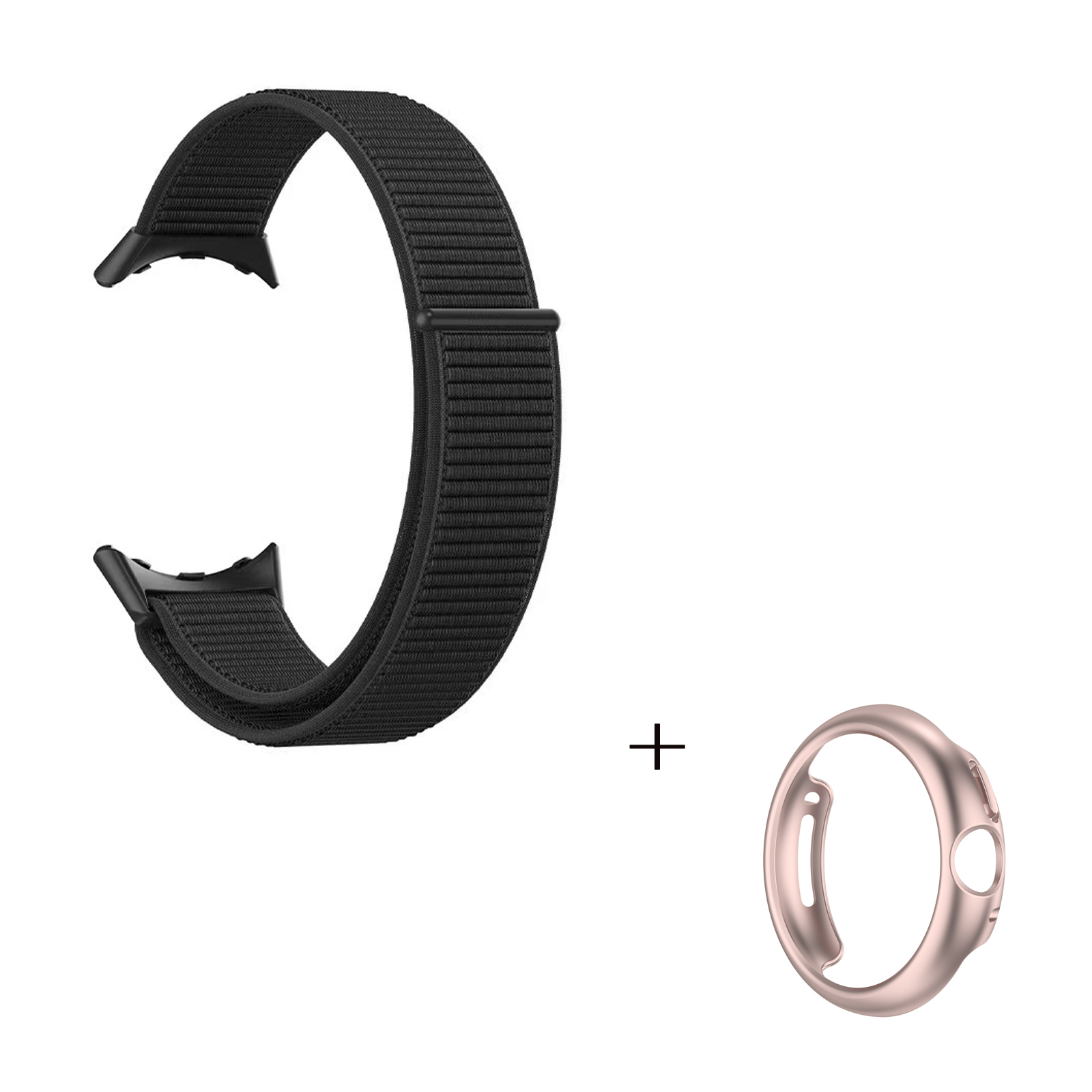 

For Google Pixel Watch 2-in-1 Nylon Loop Band Magic Tape Watch Strap with PC Hollow-out Protective Case (Rose Gold) - Black, Google Pixel Watch