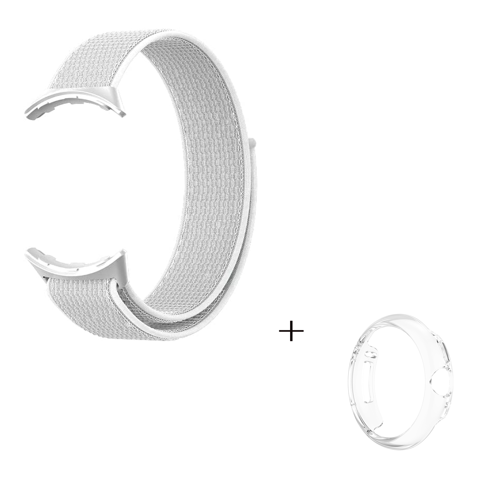 

For Google Pixel Watch Magic Tape Watch Strap Nylon Loop Band with PC Hollow-out Protective Case (Transparent) - White, Google Pixel Watch