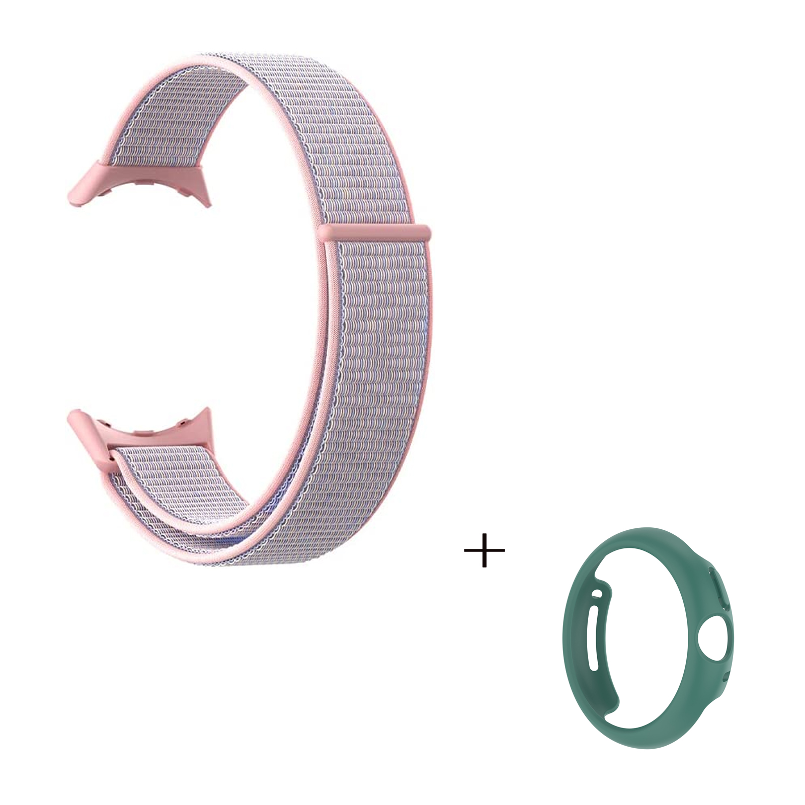 

For Google Pixel Watch Nylon Sport Strap Loop Wristband Watch Band with Cyan PC Hollow-out Bumper Frame - Pink, Google Pixel Watch