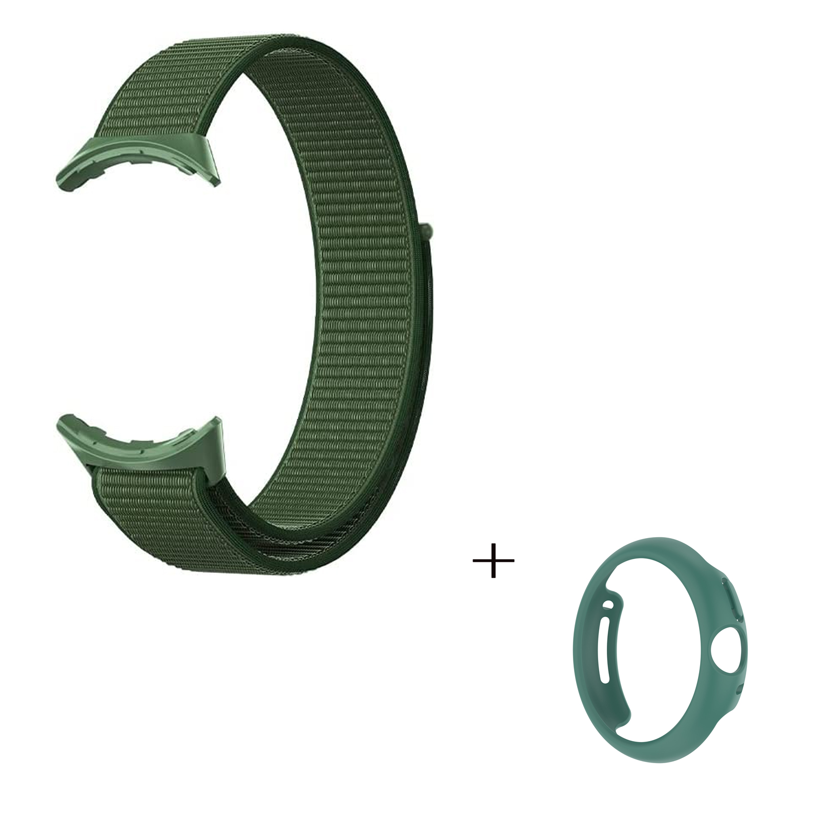 

For Google Pixel Watch Nylon Sport Strap Loop Wristband Watch Band with Cyan PC Hollow-out Bumper Frame - Army Green, Google Pixel Watch