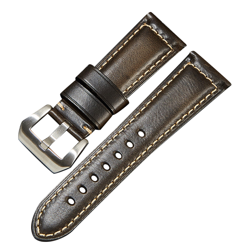 

Top -layer Cowide Echtes Leder -uhrband 26mm Universal Retro Uhrengurt - Schwarz / Silberschnalle, Universal