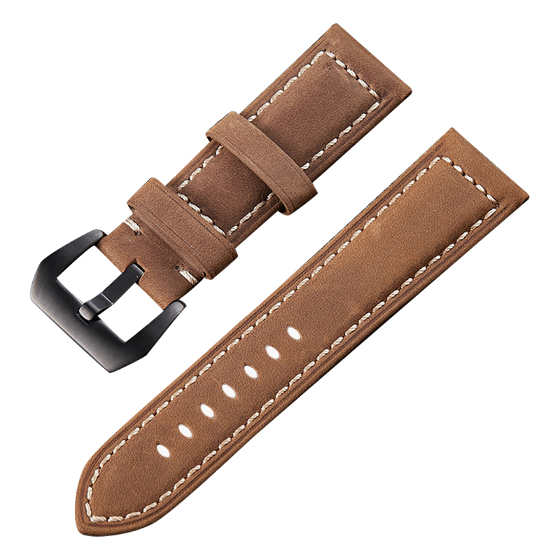 

22mm Echtes Kuhläsesoten -lederband Für Smart Watch Universal Vintage Watchband Mit Schnalle - Hellbraun / Schwarz, Universal