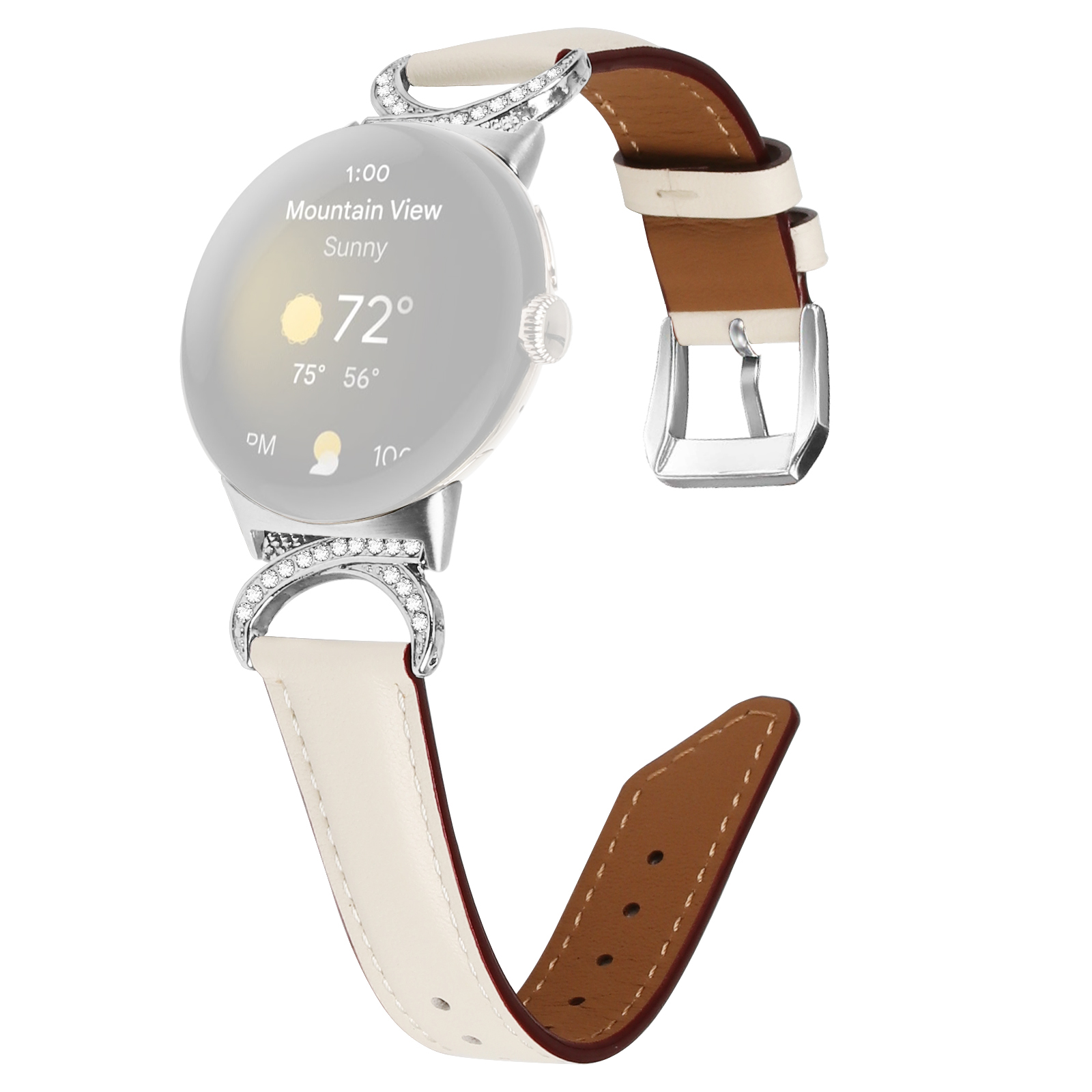 

Für Google Pixel Watch Ersatzgurt Strass Decor D-shape-anschluss Geteiltes Leder-handgelenkband Mit Silberschnalle - Aprikose, Google Pixel Watch 2