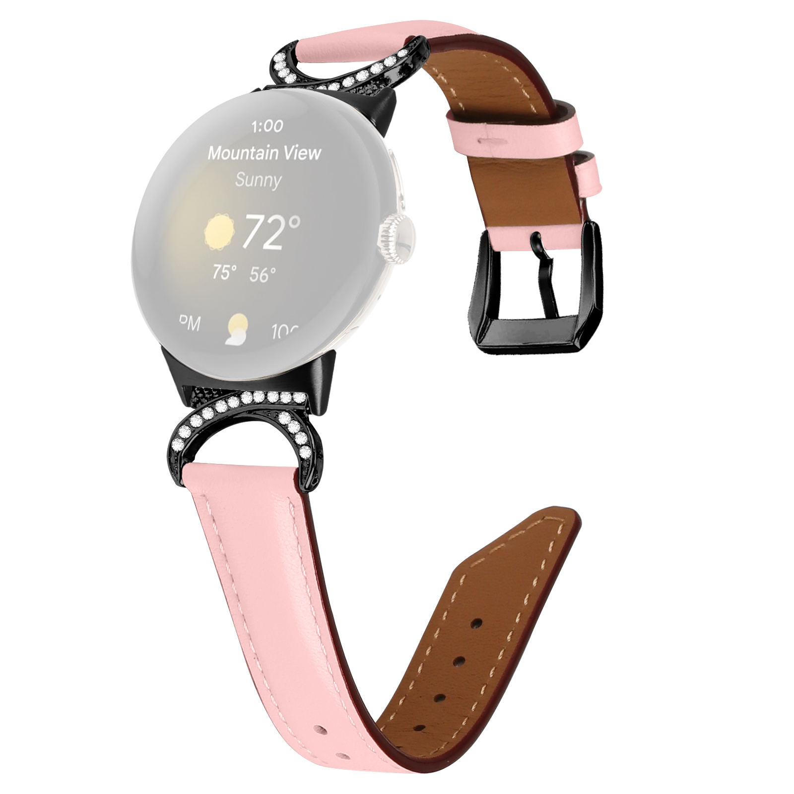 

Für Google Pixel Watch-strass-dekor-d-shape-anschluss Geteiltes Leder-ersatzgurt Mit Schwarzer Schnalle - Rosa, Google Pixel Watch 2