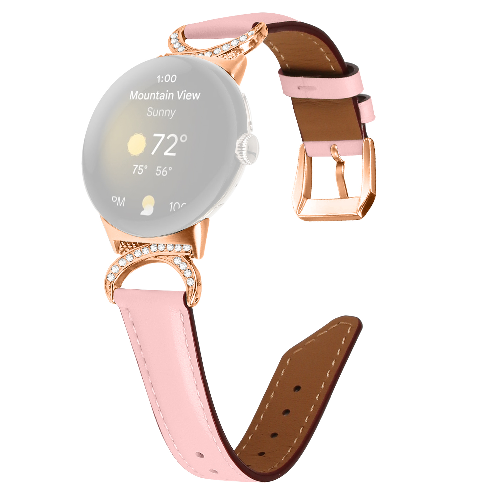 

Für Google Pixel Watch Armbandband Rsedernstone Decor D-shape-anschluss Geteiltes Lederband Mit Roségoldschnalle - Rosa, Google Pixel Watch 2