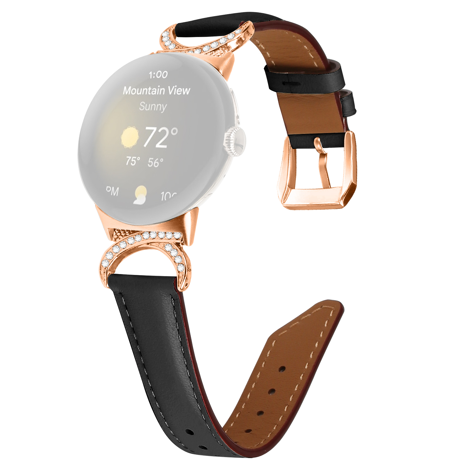 

Für Google Pixel Watch Armbandband Rsedernstone Decor D-shape-anschluss Geteiltes Lederband Mit Roségoldschnalle - Schwarz, Google Pixel Watch 2