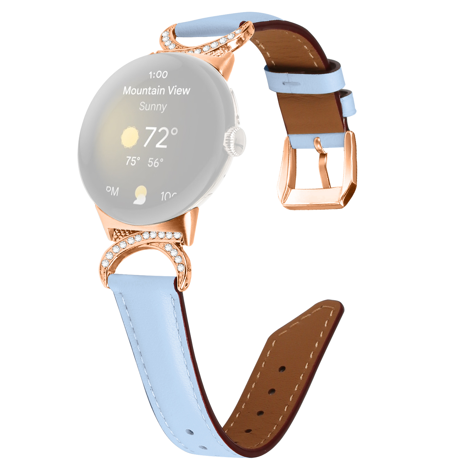 

Für Google Pixel Watch Armbandband Rsedernstone Decor D-shape-anschluss Geteiltes Lederband Mit Roségoldschnalle - Blau, Google Pixel Watch 2