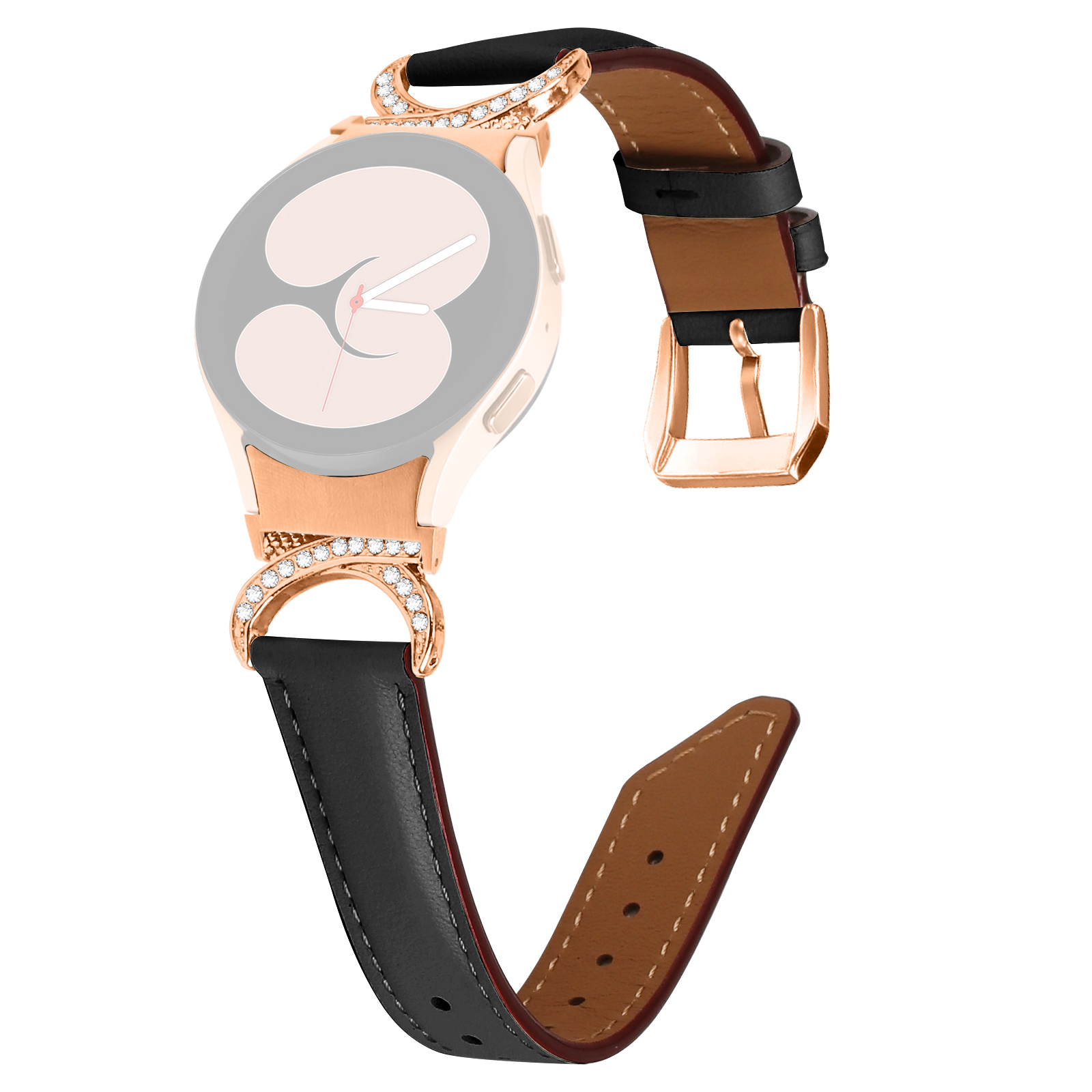 

Für Samsung Galaxy Watch 5 / Sieh Dir 4 40 mm an / 44 mm / Sehen Sie 4 Klassische 42-mm-strass-d-shape-anschluss-handgelenkband Mit 42 mm Verstellbarer Split-lederband Mit Roségolden-schnalle - Schwarz, Galaxy Watch 5 40mm