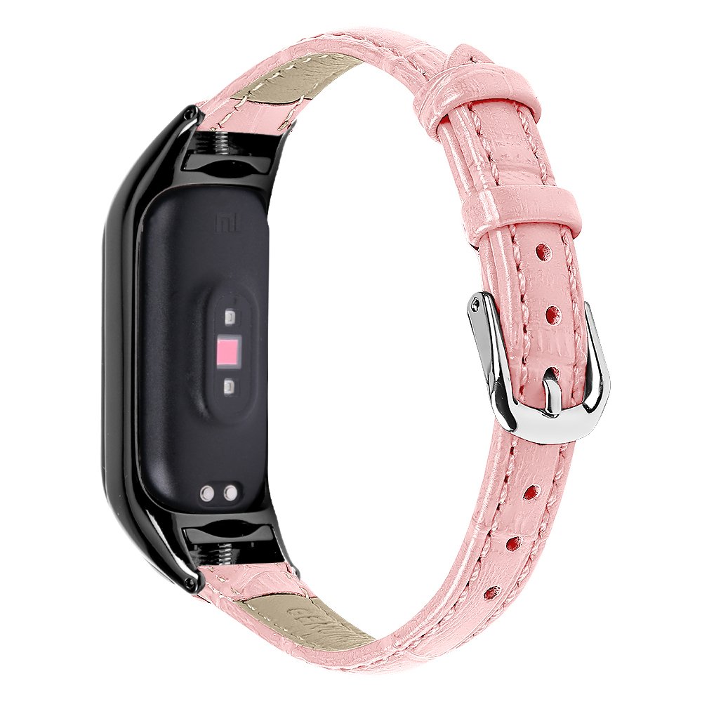 

Für Xiaomi Smart Band 8 Echtes Cowhide -lederband Bambus Grain Uhrenband Mit Schwarzem Rahmenkoffer - Rosa, Xiaomi Smart Band 8