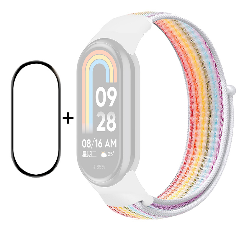 

Enkay Hat-prince Für Xiaomi Smart Band 8 Nylon Watch Band Set Mit Pmma-screenfilm, Sticker Armband Gurt - Regenbogen Weiß, Xiaomi Smart Band 8
