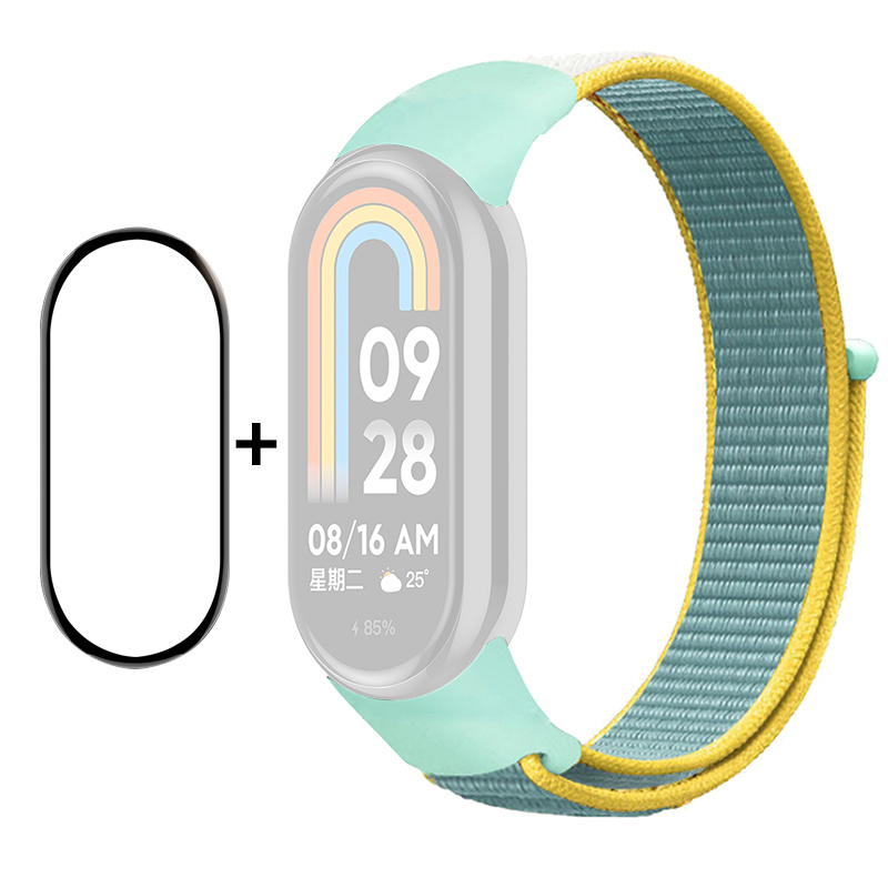 

Enkay Hat-prince Für Xiaomi Smart Band 8 Nylon Watch Band Set Mit Pmma-screenfilm, Sticker Armband Gurt - Cyan / Gelb, Xiaomi Smart Band 8