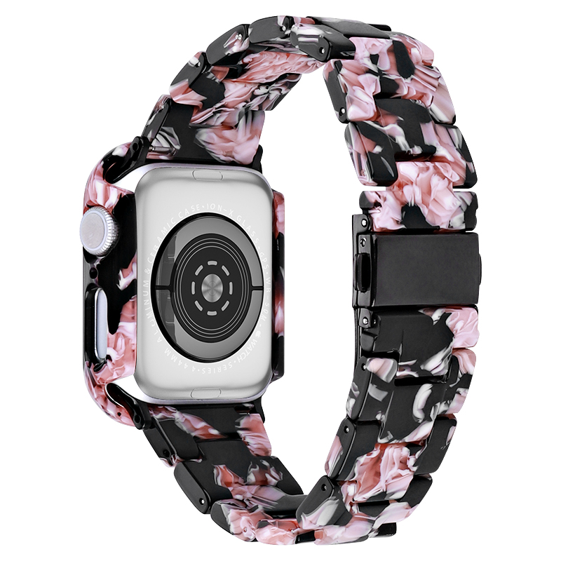 

Für Die Apple Watch Series 4 / 5 / 6 / se / SE (2022) 44 mm Ersatzharz Wachgurt Set Mit Uhrengehäuseabdeckung - Schwarz Rosa Blume, Apple Watch Series 5 44mm