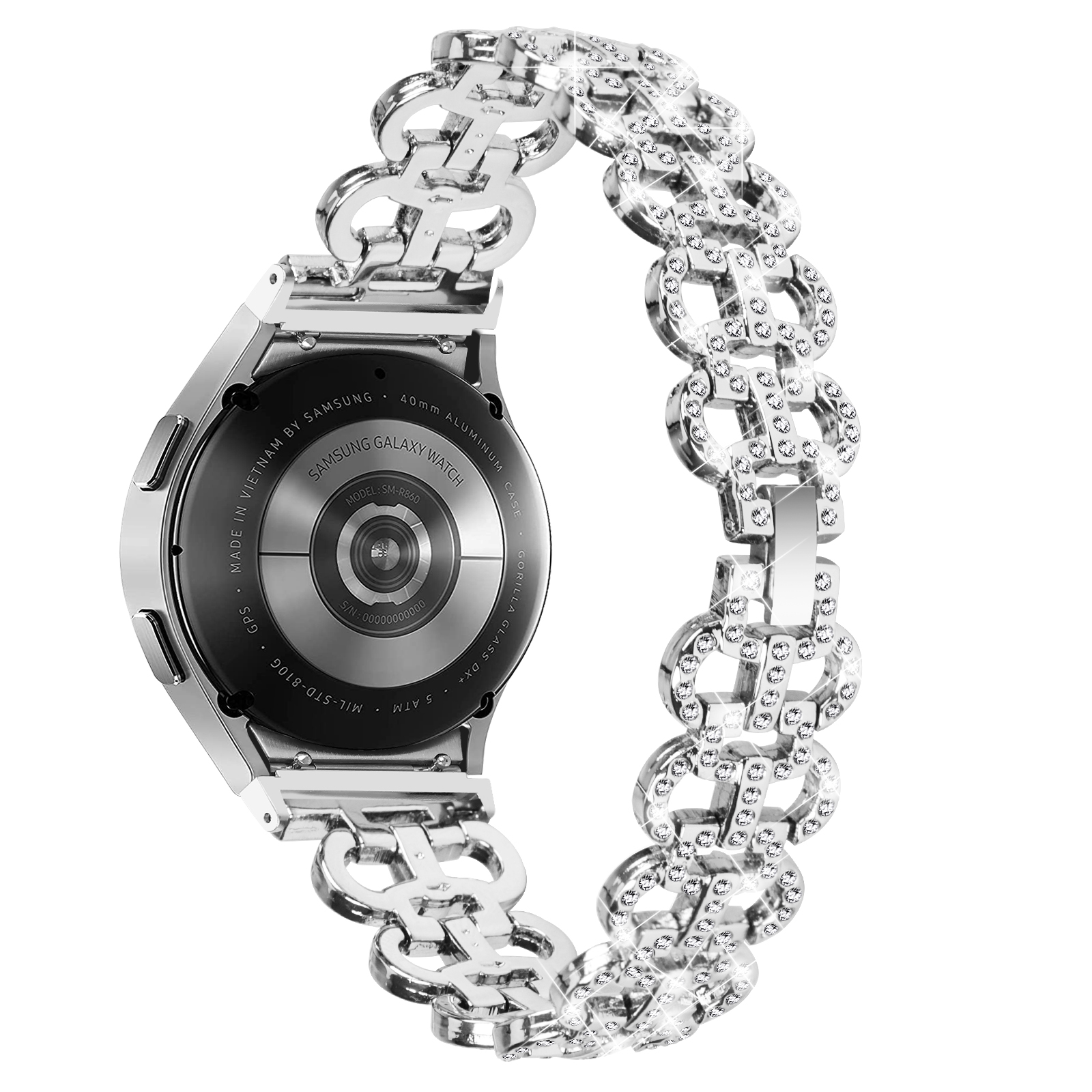 

Für Samsung Galaxy Watch6 40 / 44 mm Strass Metall Uhrengurt Hohl Atmungsaktives Uhrband Mit Stecker - Silber, Galaxy Watch6 40mm