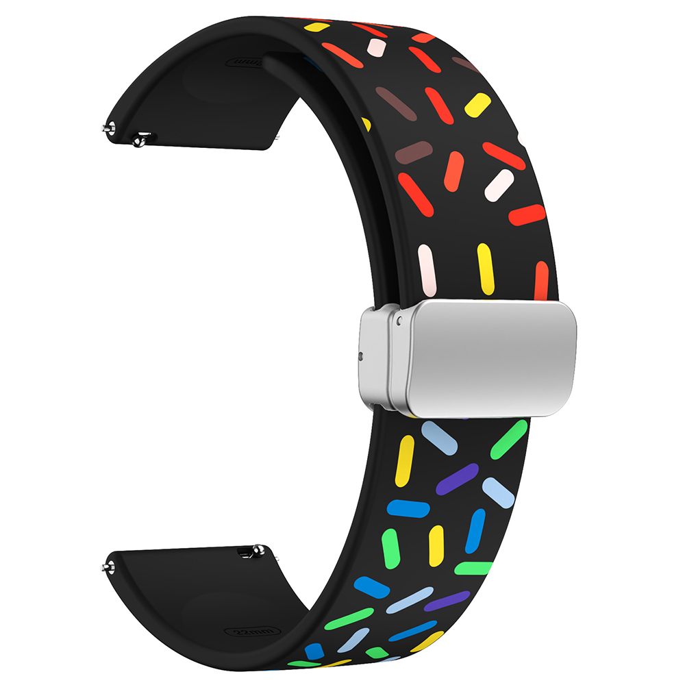 22mm Silicone Watch Band for Forerunner 265   255   Vivoactive 4   Venu 2   Pattern Printed Straps with Silver Magnetic Folding Buckle - Black Rainbow