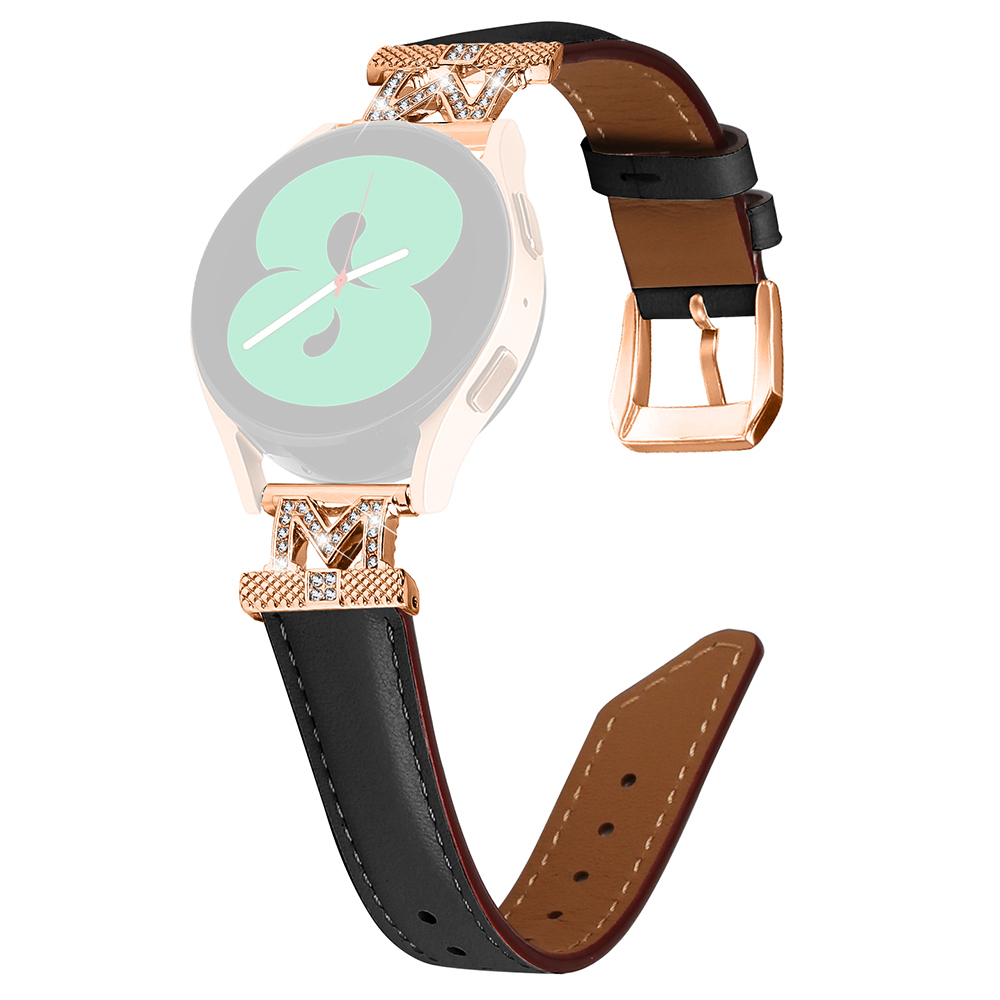 Genuine Cow Leather Band for Samsung Galaxy Watch3 41mm 45mm   Watch 5 40mm 44mm   Rhinestone M-shape 20mm Watch Strap with Rose Gold Buckle - Black