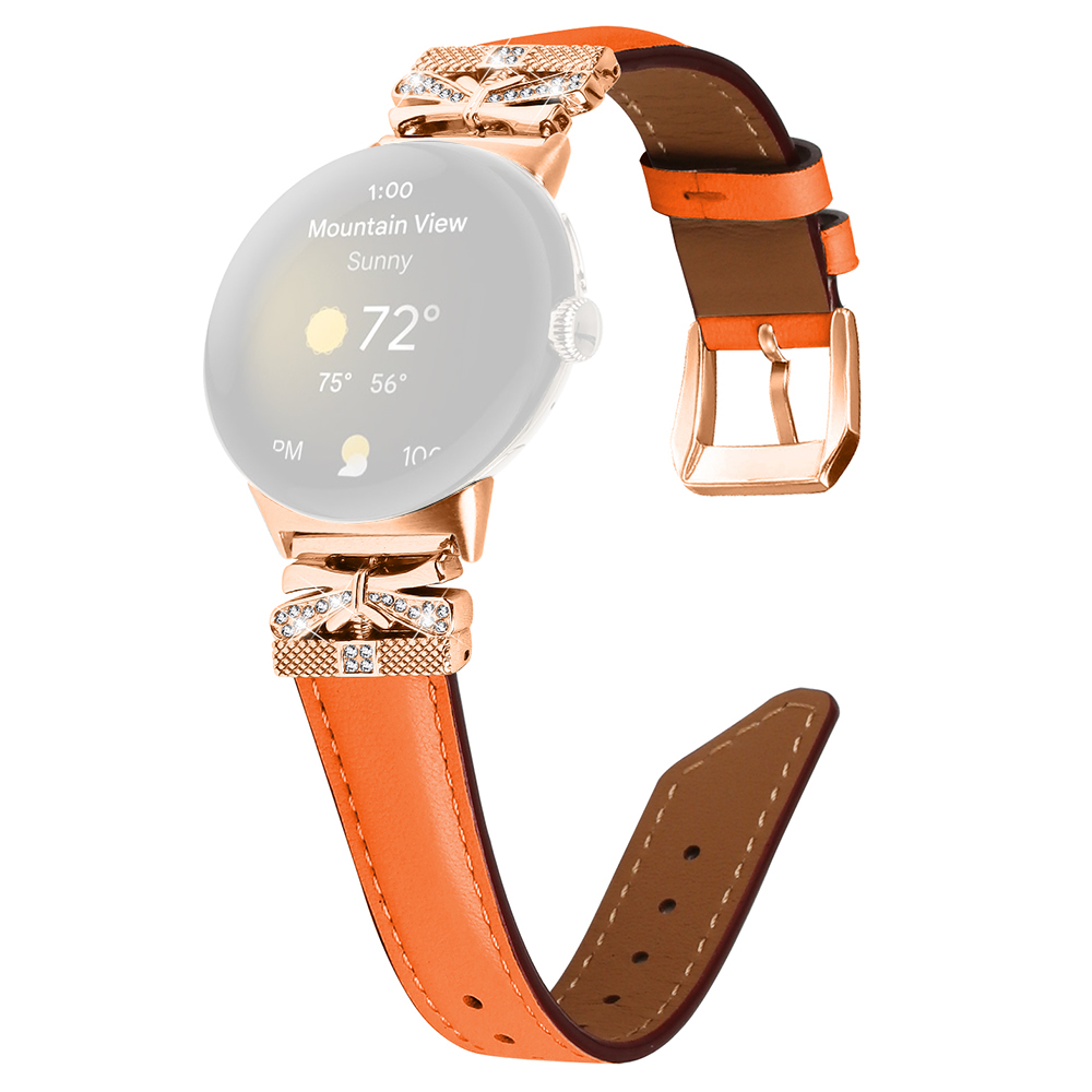 For Google Pixel Watch Genuine Cowhide Leather Watch Strap Rhinestone Design (Rose Gold Buckle) - Orange