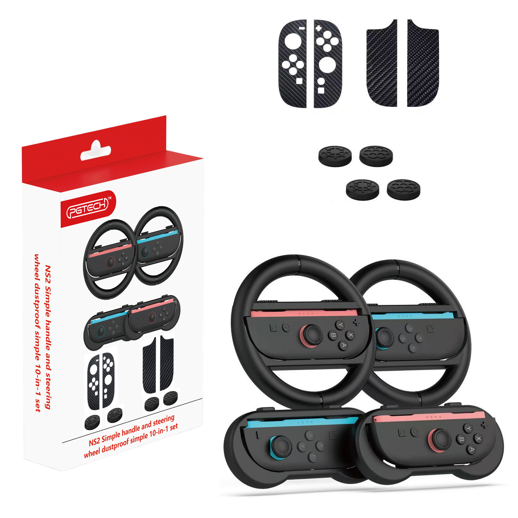 PGTECH GP-393 For Nintendo Switch 2 10 in 1 Controller Accessory Kit Joystick Caps Steering Wheel Grip Handle and Sticker Set