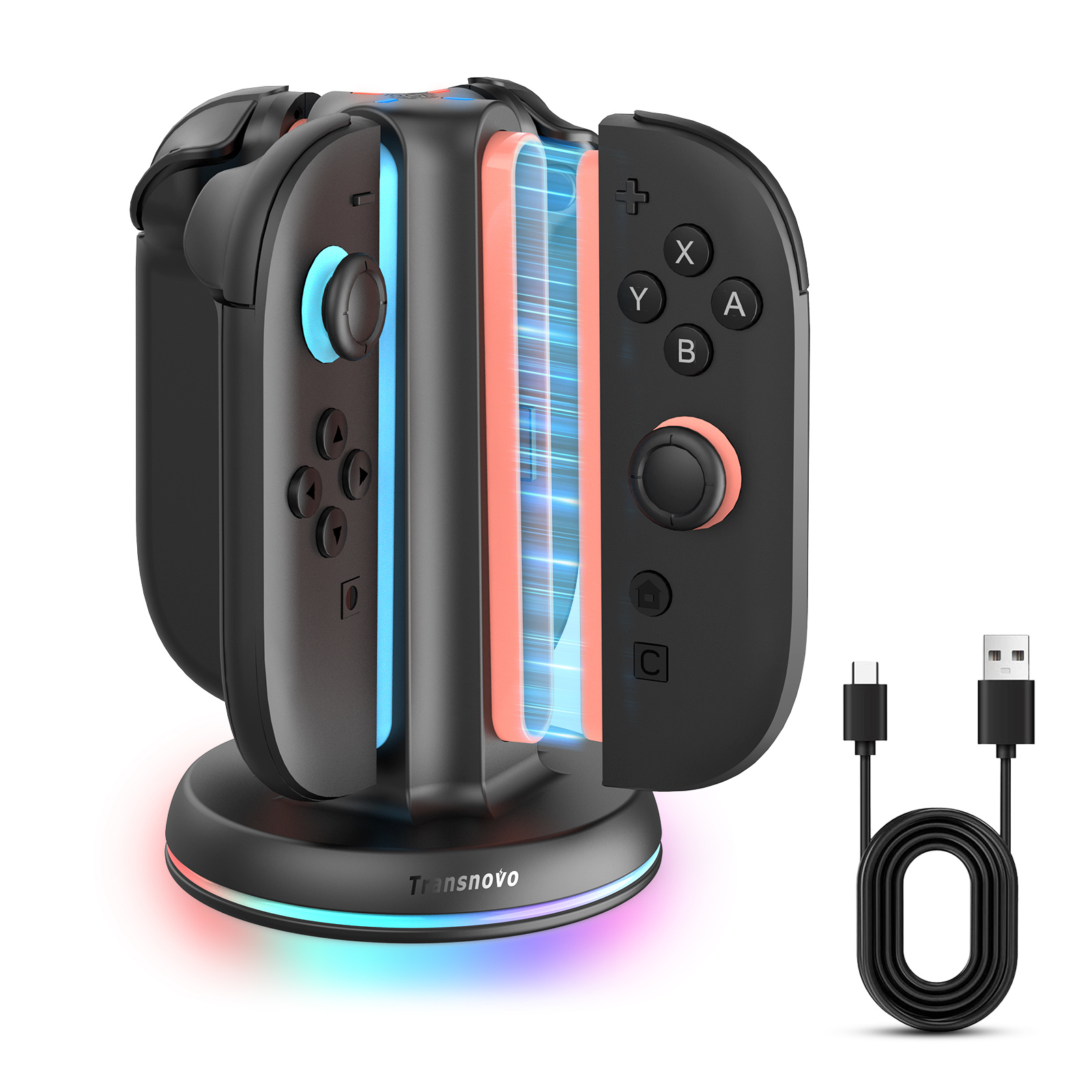 TRANSNOVO S73-002 4-in-1 Charging Dock for Nintendo Switch 2 Joy-Con Controllers RGB LED Touch Control Type-C Fast Charging Station - Black