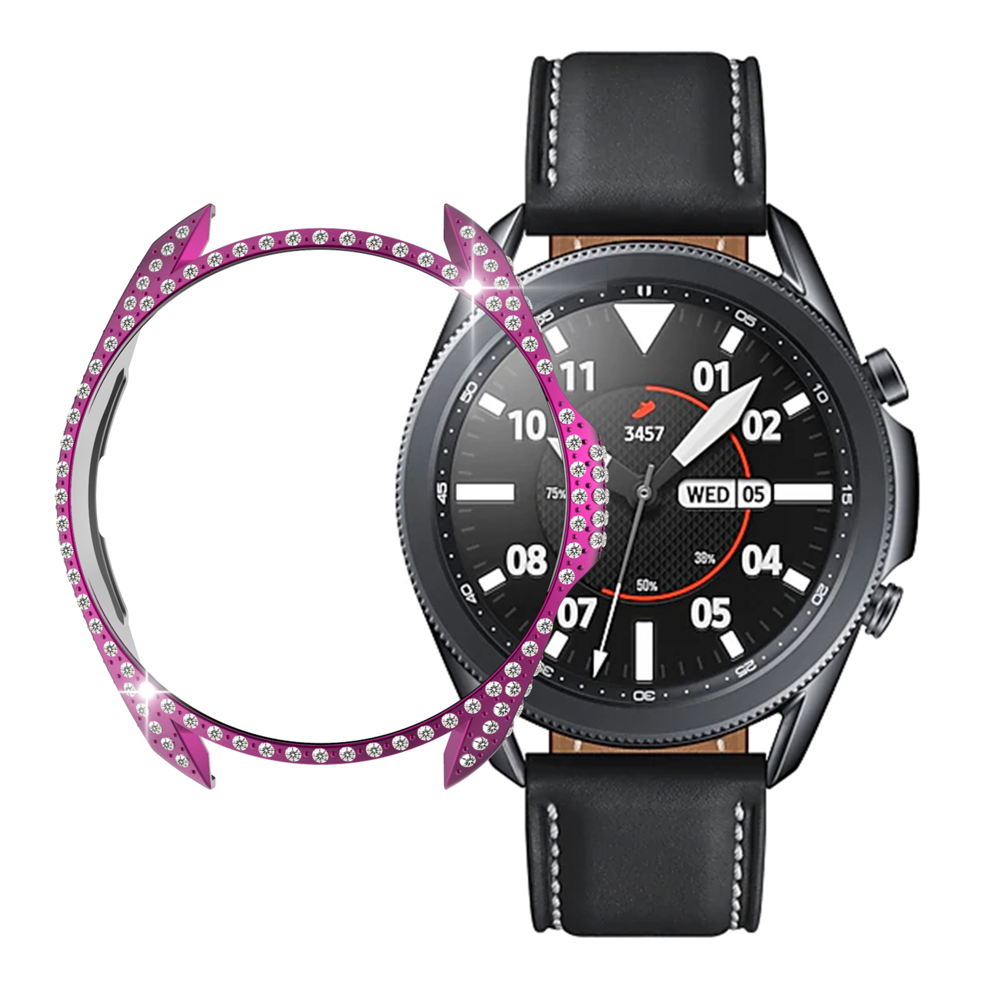 

For Samsung Galaxy Watch3 45mm Rhinestones Bling Case Hard PC Half Protective Cover Bumper Frame - Purple, Galaxy Watch3 45mm
