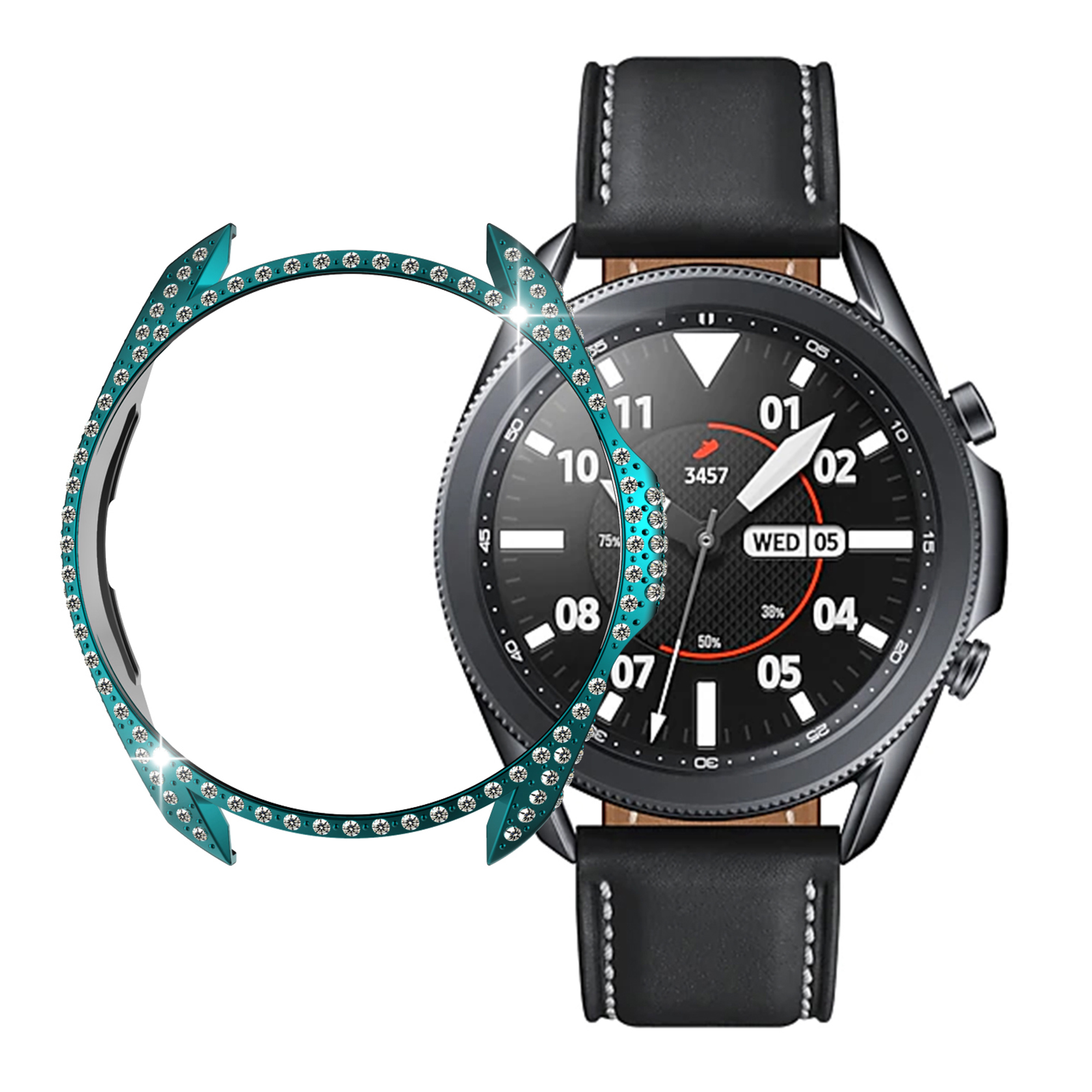

For Samsung Galaxy Watch3 45mm Rhinestones Bling Case Hard PC Half Protective Cover Bumper Frame - Cyan, Galaxy Watch3 45mm