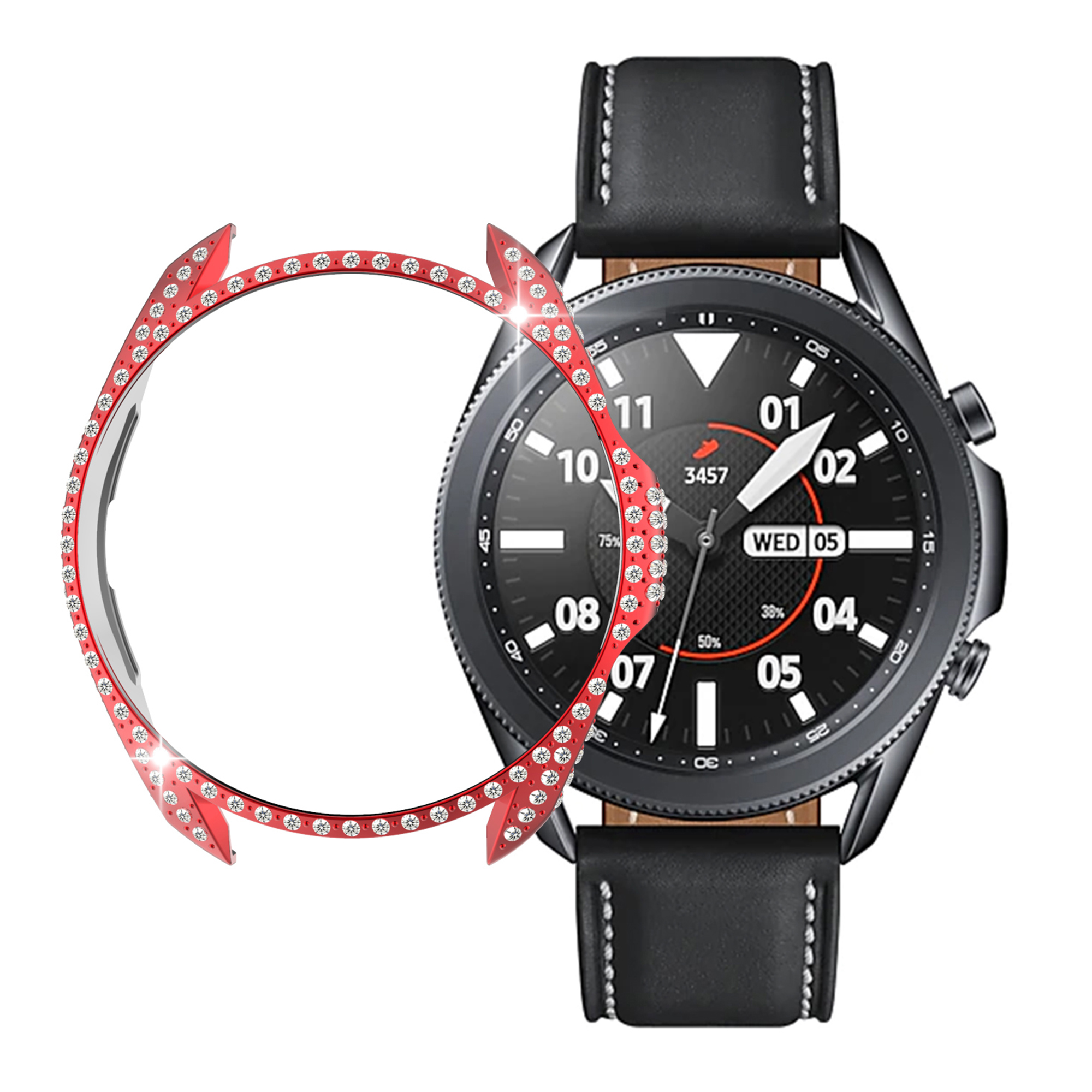 

For Samsung Galaxy Watch3 45mm Rhinestones Bling Case Hard PC Half Protective Cover Bumper Frame - Red, Galaxy Watch3 45mm