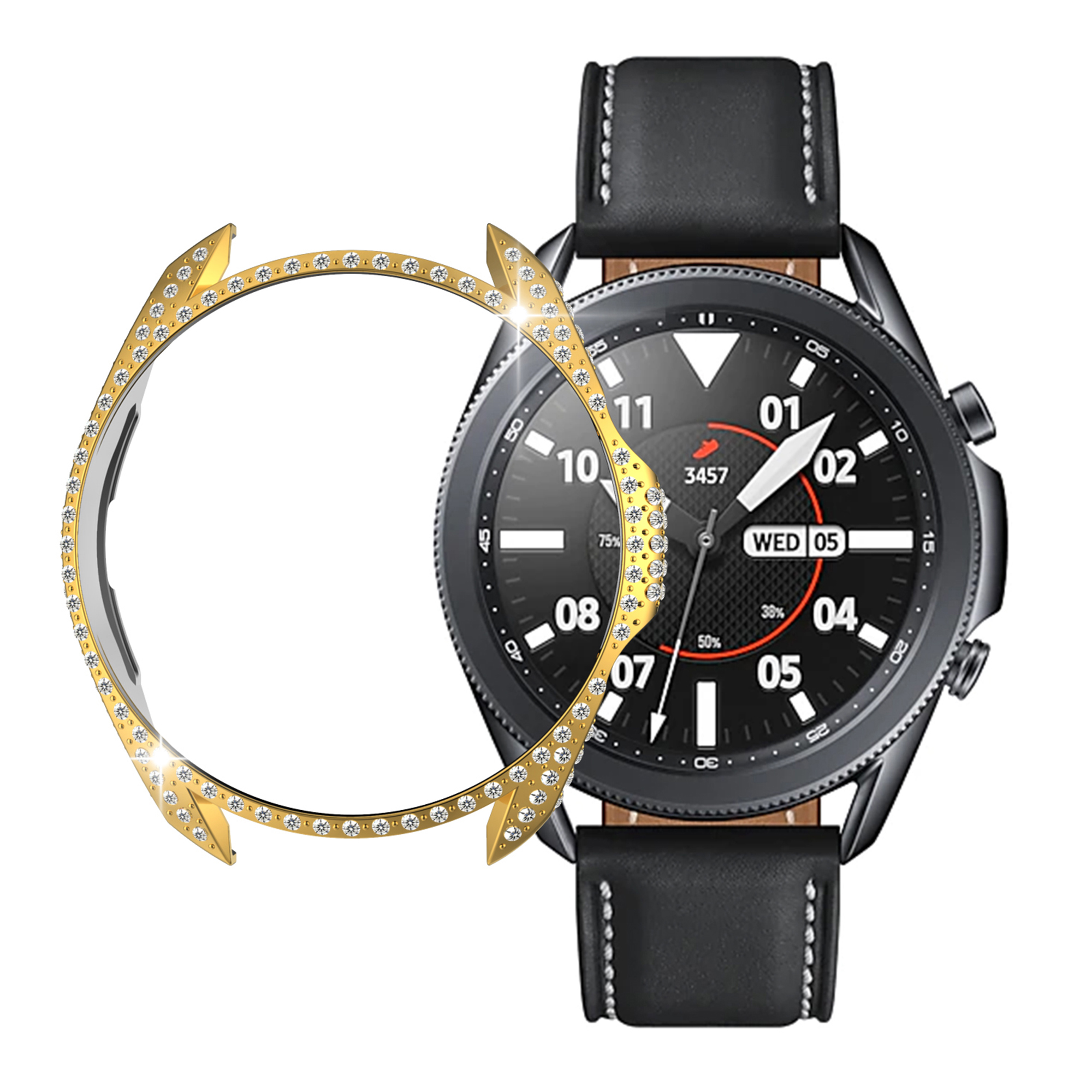 

For Samsung Galaxy Watch3 45mm Rhinestones Bling Case Hard PC Half Protective Cover Bumper Frame - Gold, Galaxy Watch3 45mm