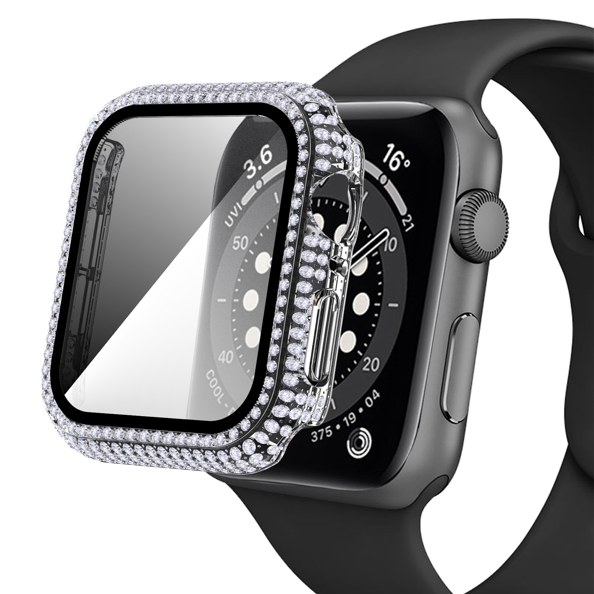 

For Apple Watch Series 4 / 5 / 6 44mm / SE 44mm / SE (2022) 44mm Well-protected Anti-scratch Rhinestone Decorated PC Watch Case with Tempered Glass Screen Protector - Transparent, Apple Watch SE (2022) 44mm