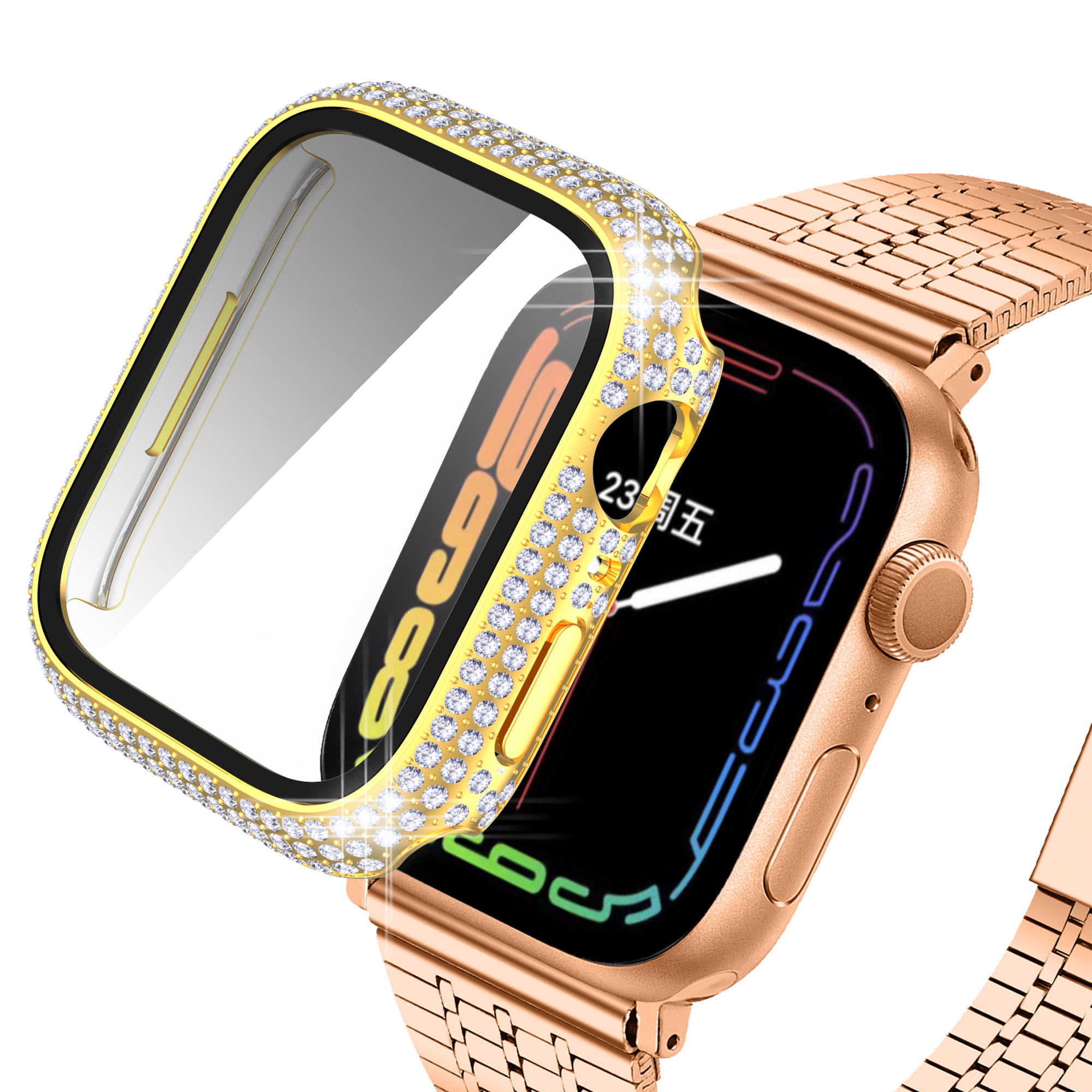 

For Apple Watch Series 7 45mm / Series 8 45mm Fashionable Rhinestone Decorated PC Watch Case with Tempered Glass HD Screen Protector - Gold, Apple Watch Series 8 45mm