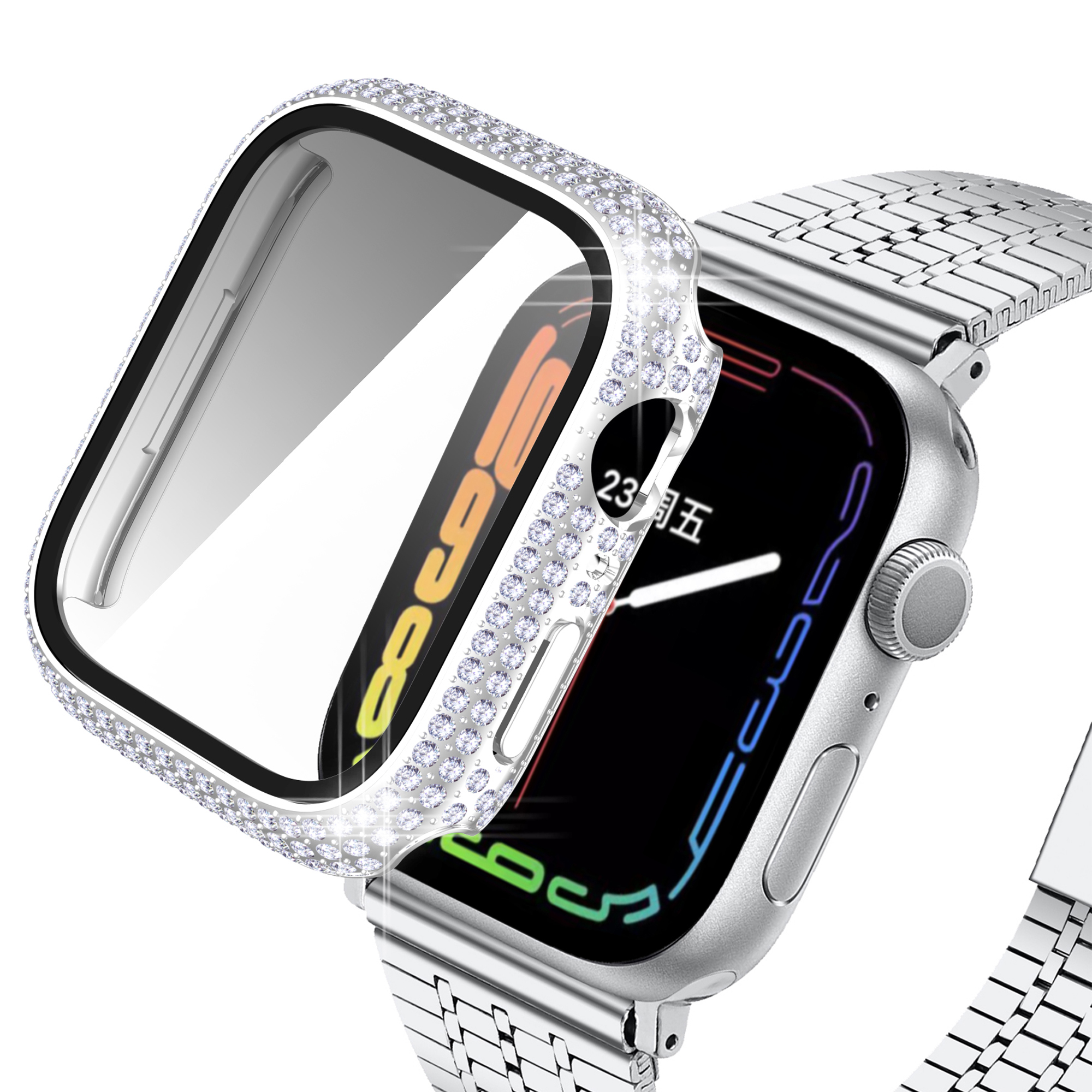 

Для Apple Watch Series 7 45 -мм Модный Азота с Кафеткой Украшен пк с Панелью HD -защитником Экрана HD - Серебряный, Apple Watch Series 8 45mm