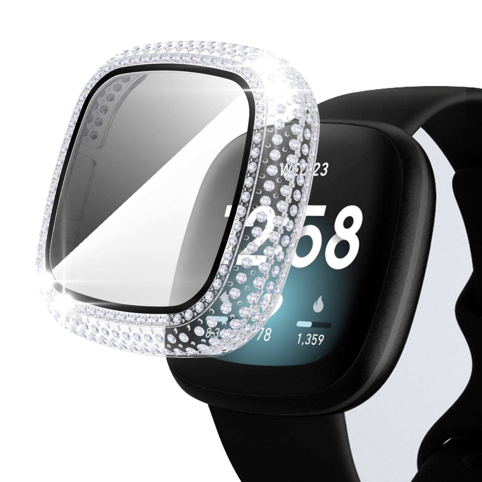 

For Fitbit Versa 3/Sense Rhinestone Decorated PC Case with Tempered Glass Screen Protector Anti-Scratch Watch Case - Transparent, Fitbit Versa 3