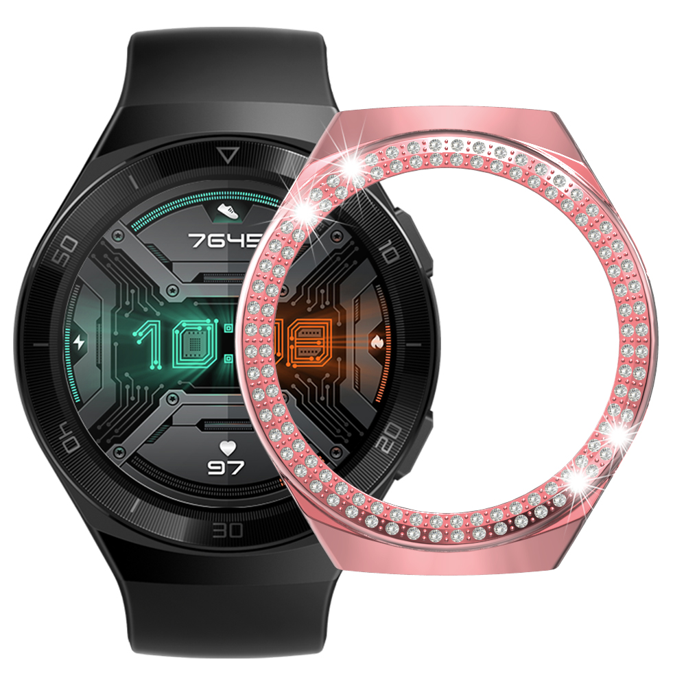 

For Huawei Watch GT 2e Two Row Rhinestones Decor PC Watch Protective Case Half Cover - Pink, Huawei Watch GT 2e
