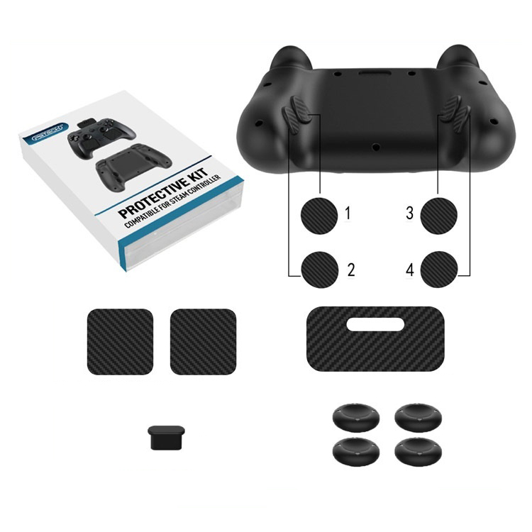 PGTECH GP-828 12 in 1 For Steam Controller (2nd generation) Protective Kit Silicone Thumbstick Caps with Carbon Fiber Sticker and Type-C Dust Plug - Black