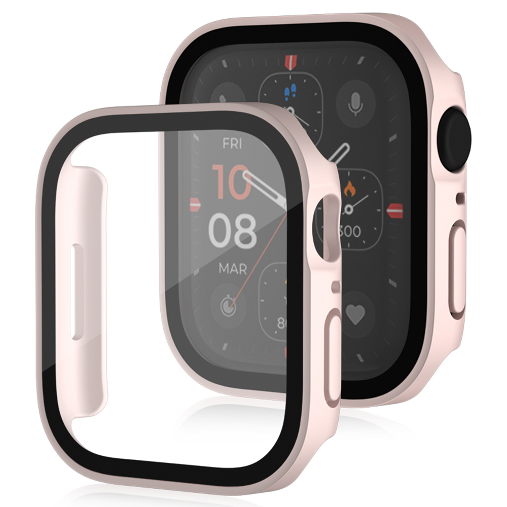 

For Apple Watch Series 7 45mm Waterproof Matte PC Watch Frame Tempered Glass Screen Protective Film One-piece Watch Case - Pink, Apple Watch Series 7 45mm