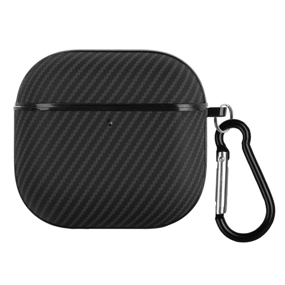 For AirPods 4 Case Carbon Fiber Texture TPU PU Earbuds Protective Cover with Hook - Black