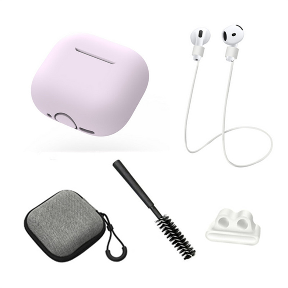 For AirPods 4 Earphones 5 in 1 Protective Case + Anti Lost Rope + Storage Case + Brush + Watch Band Earbud Holder - Purple