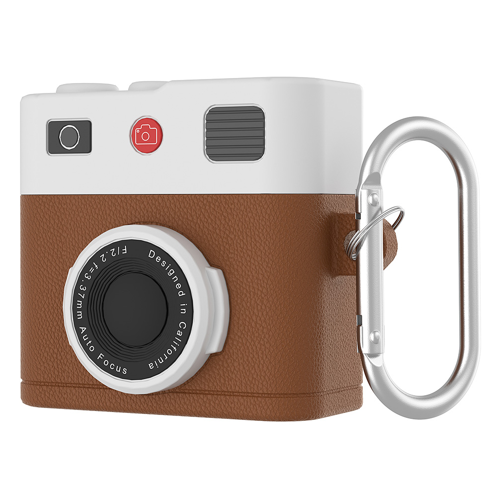 For Apple AirPods 3 Bluetooth-compatible Earphone Case Retro Camera Silicone Protective Cover with Carabiner - Brown