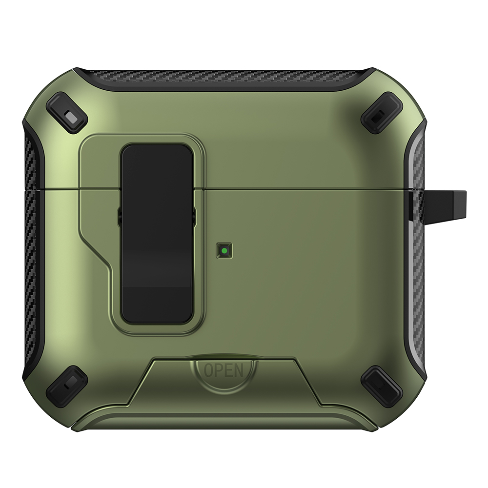 For Apple AirPods 3 Magnetic Case with Stand TPU + PC Earphone Cover with Switch and Carabiner - Green