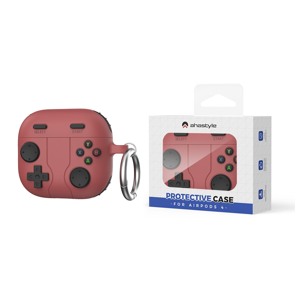 AHASTYLE WG166 For AirPods 4 Protective Case Game Console Design Silicone Earphone Cover with Carabiner - Red