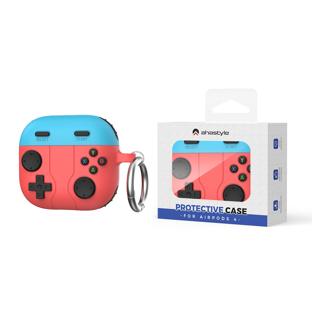 AHASTYLE WG166 For AirPods 4 Protective Case Game Console Design Silicone Earphone Cover with Carabiner - Blue + Red